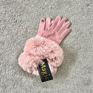 Super-Soft Faux Suede Pink Gloves Faux Rabbit Fur Tech Touch Fingers Size S